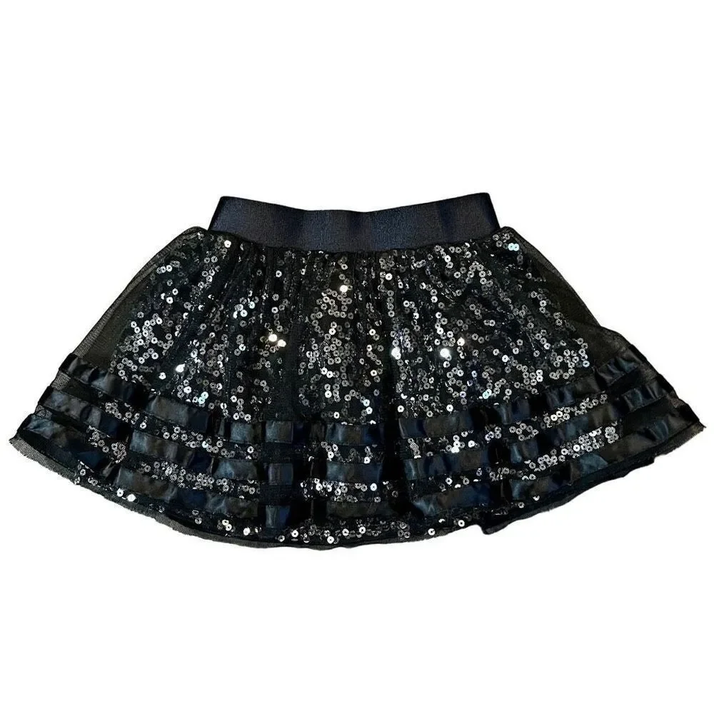 Justice Black Silver Sequin Pull-on Built-in Shorts Skirt Size 6
